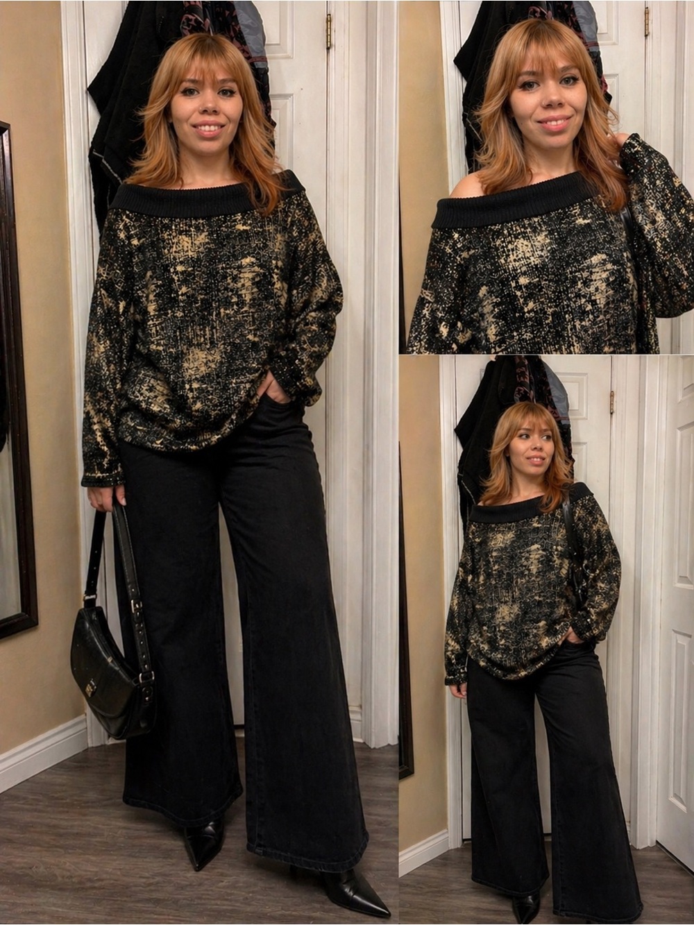 NY 77 Design Off Shoulder Black Metallic Gold Knit Top Size 4